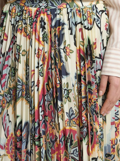 Etro Paisley-Print Pleated Midi Skirt Beige