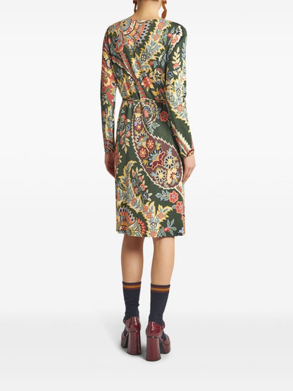 Etro Abstract Pattern Belted Midi Dress Green