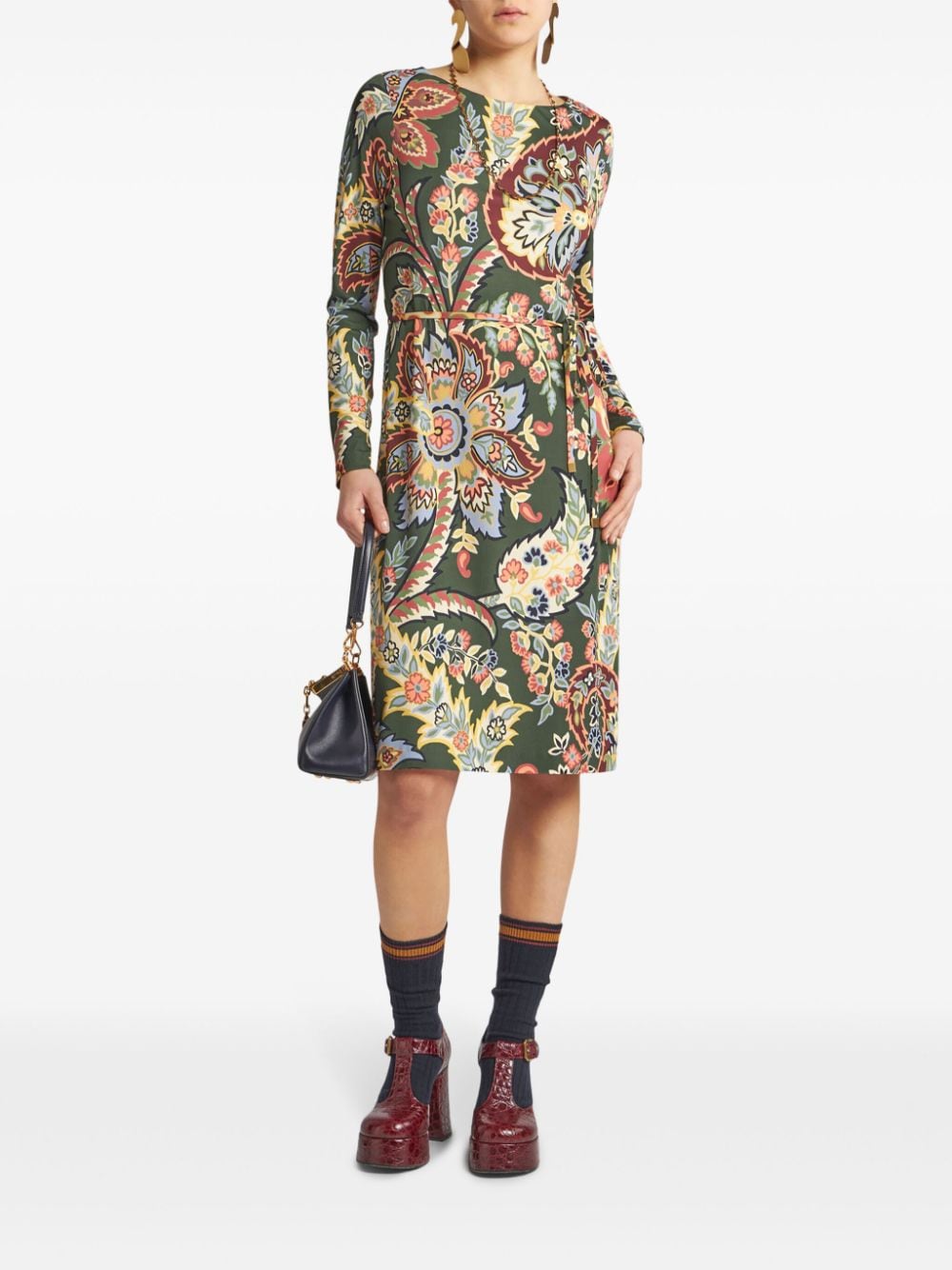 Etro Abstract Pattern Belted Midi Dress Green