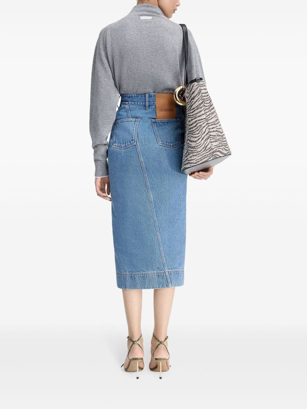 Asymmetric denim midi skirt