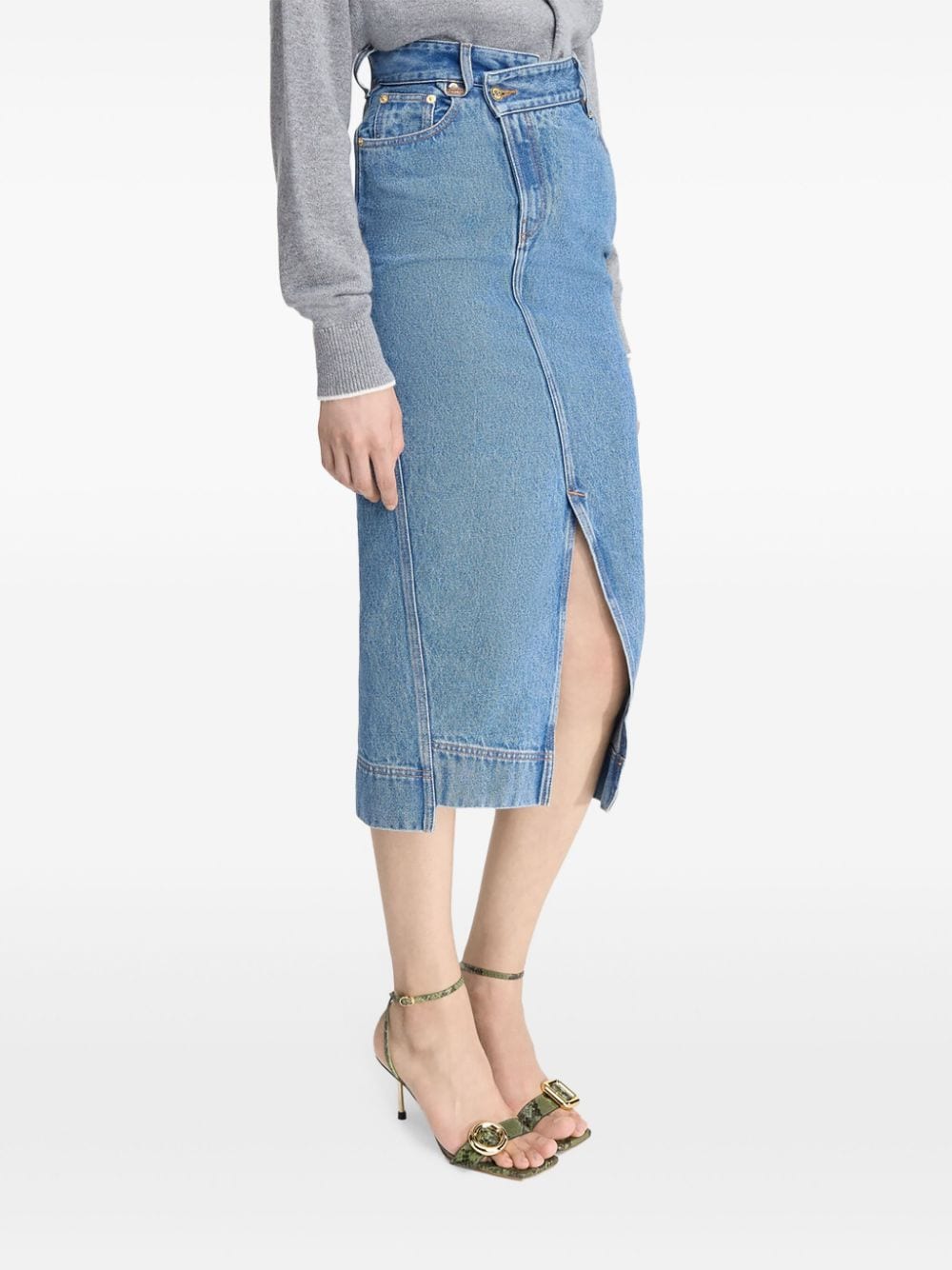 Asymmetric denim midi skirt