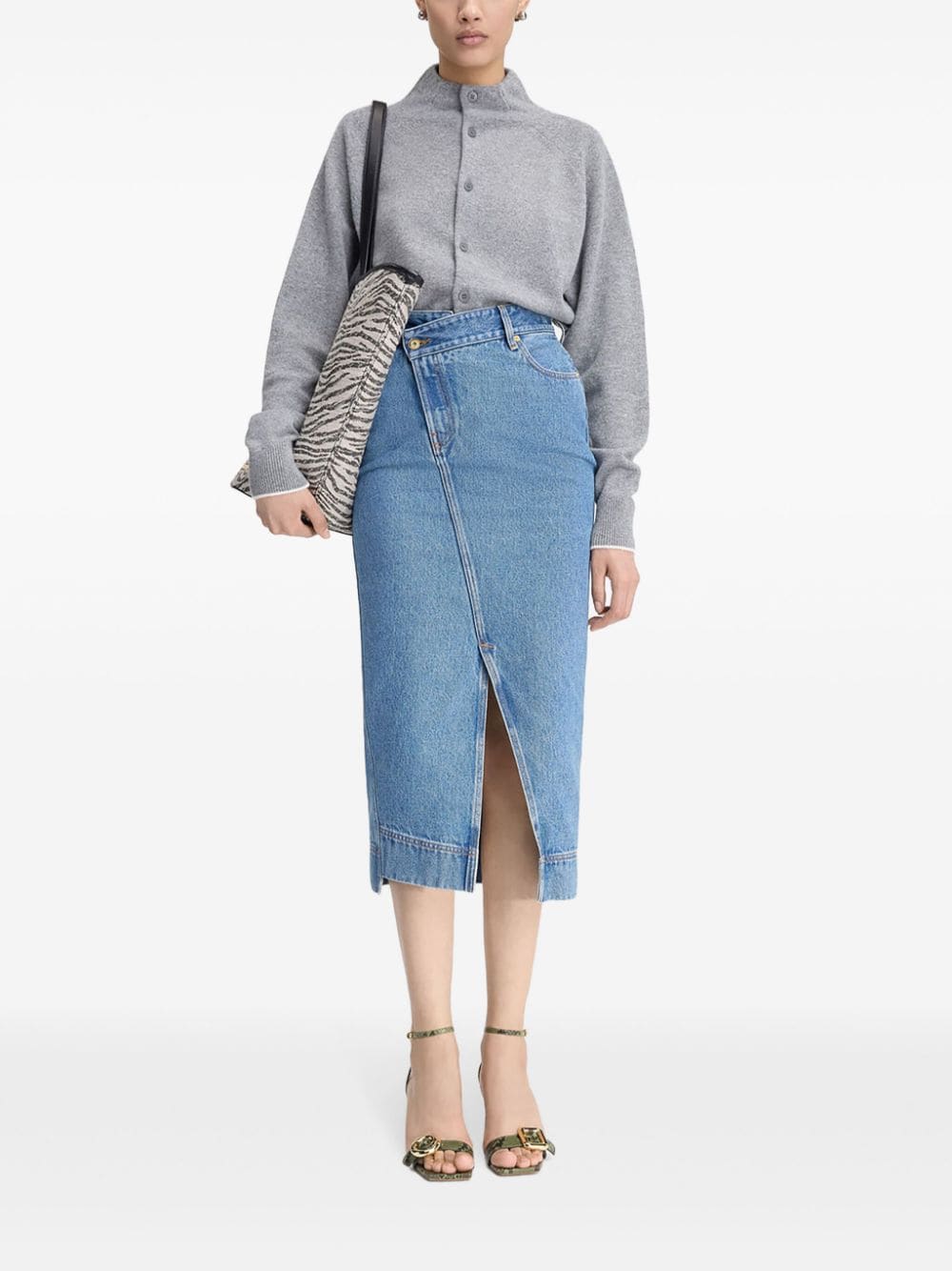 Asymmetric denim midi skirt