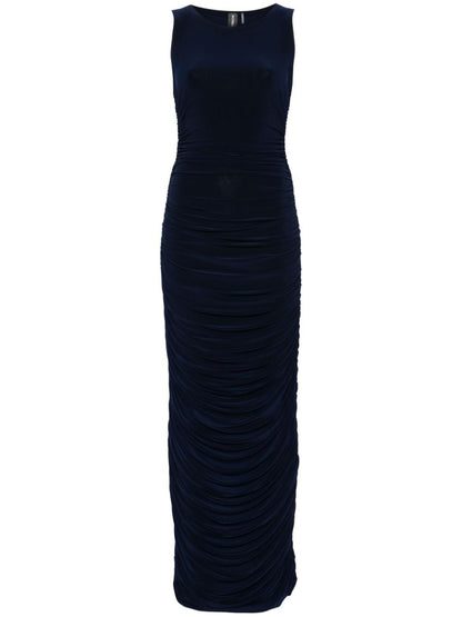 Norma Kamali Long Navy Blue Ruched Stretch-Jersey Bodycon Dress Blue