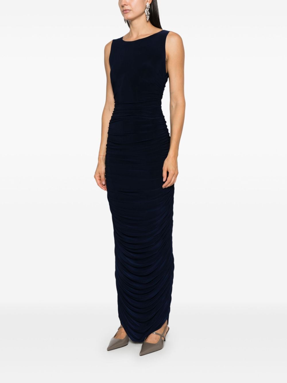 Norma Kamali Long Navy Blue Ruched Stretch-Jersey Bodycon Dress Blue