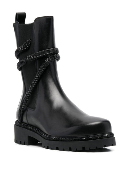 René Caovilla Cleo Biker Wraparound Leather Boots Black