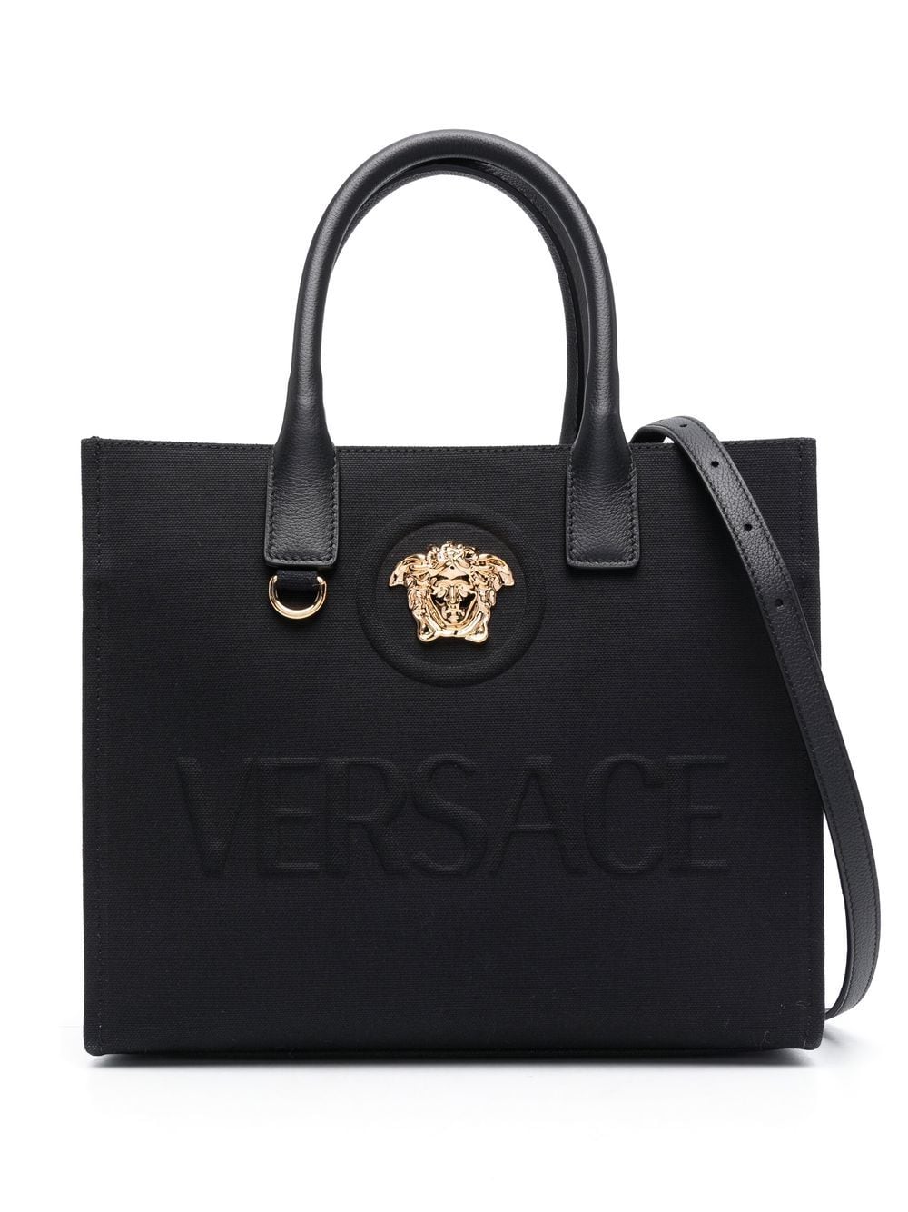 Versace Small La Medusa Canvas and Leather Shopper Bag Black