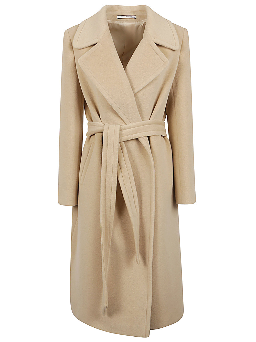 Tagliatore Long Wool and Angora Belted Coat Beige