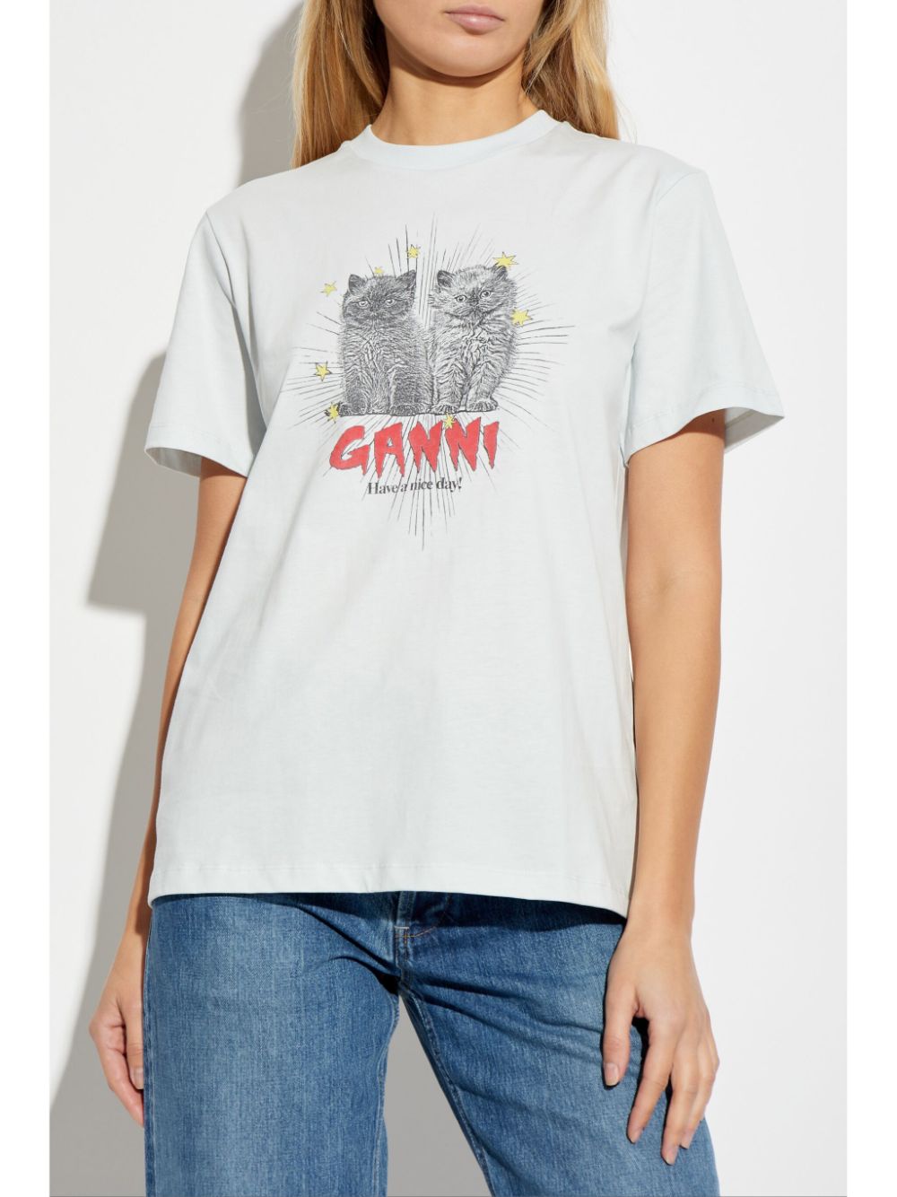 GANNI Logo-Print T-shirts Clear Blue