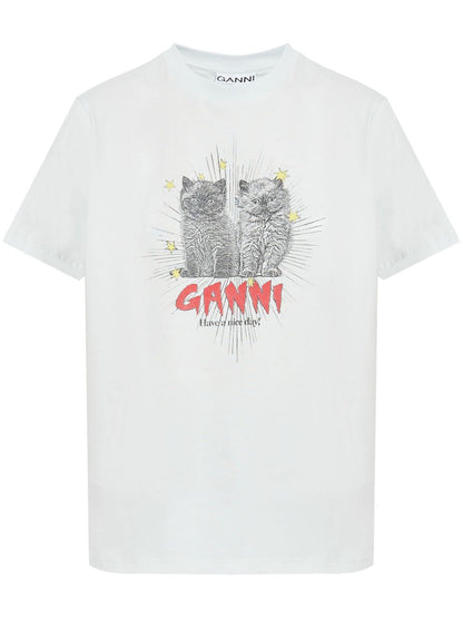 GANNI Logo-Print T-shirts Clear Blue