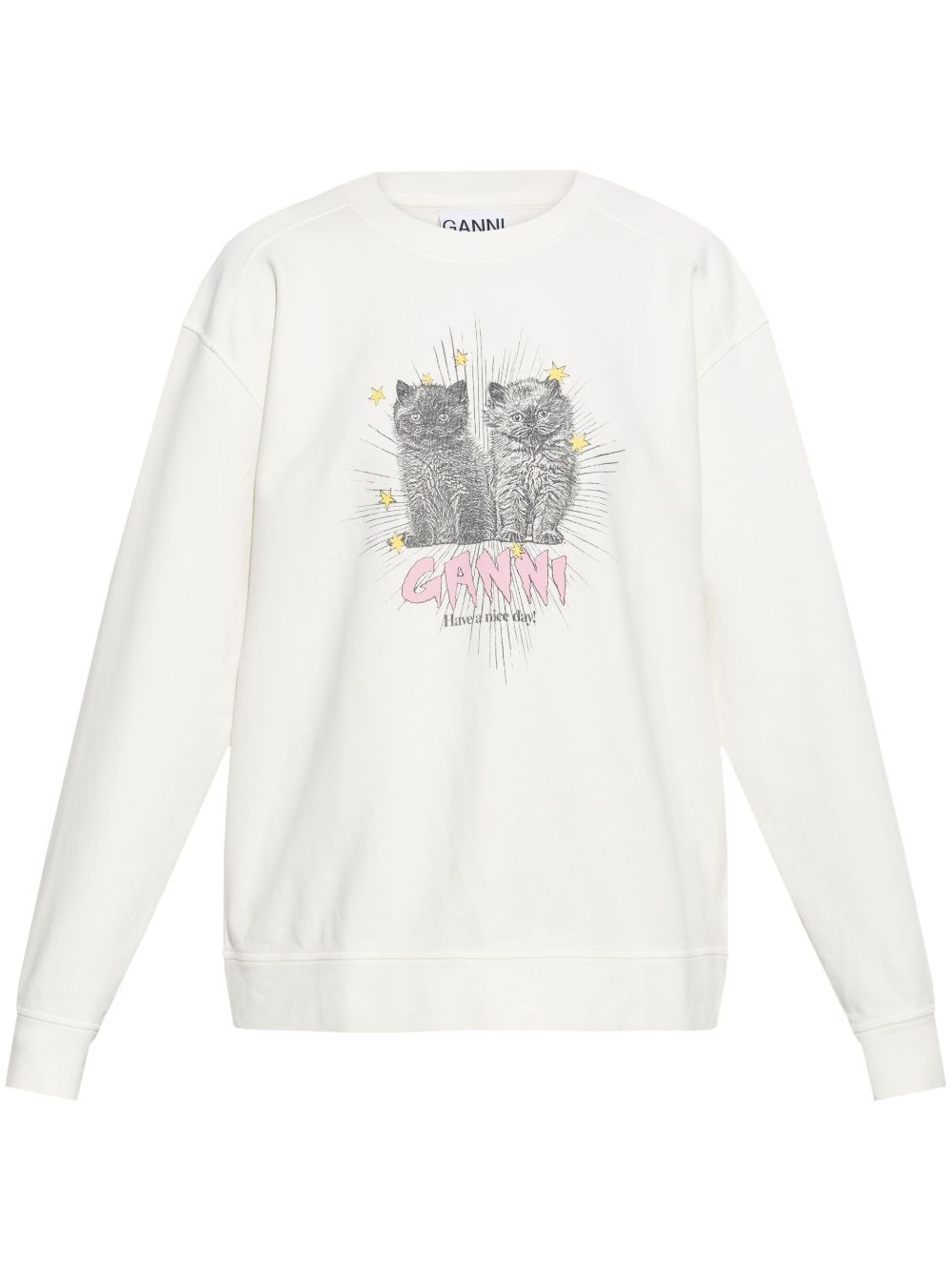 Ganni Kittens Printed Organic Cotton Sweatshirt Beige