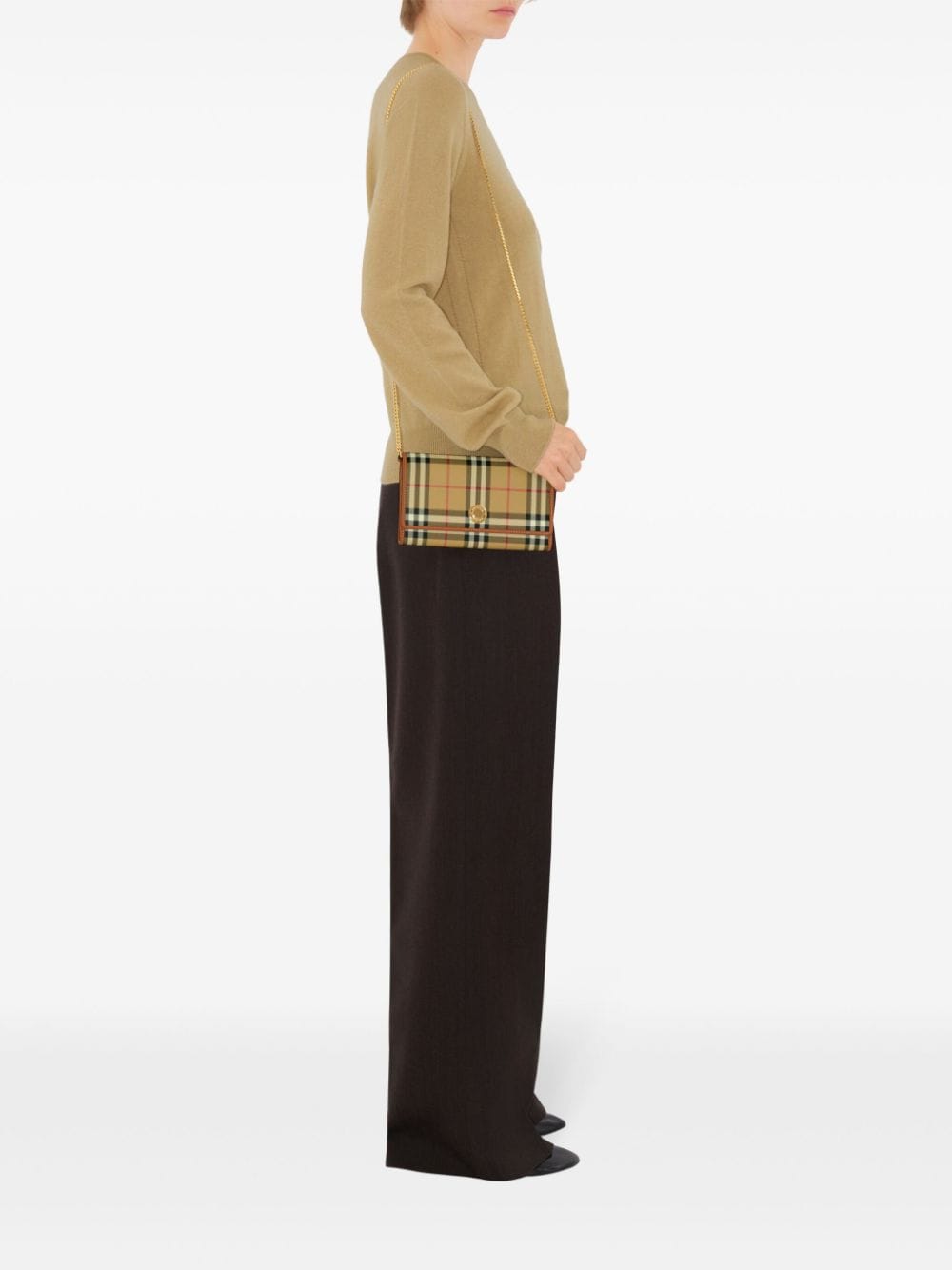 Burberry Vintage Check Pebbled Clutch with Chain Beige