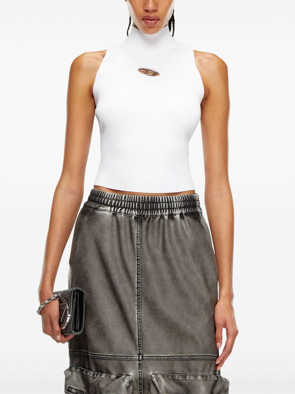 Diesel Ribbed-Knit Turtleneck Sleeveless Top White