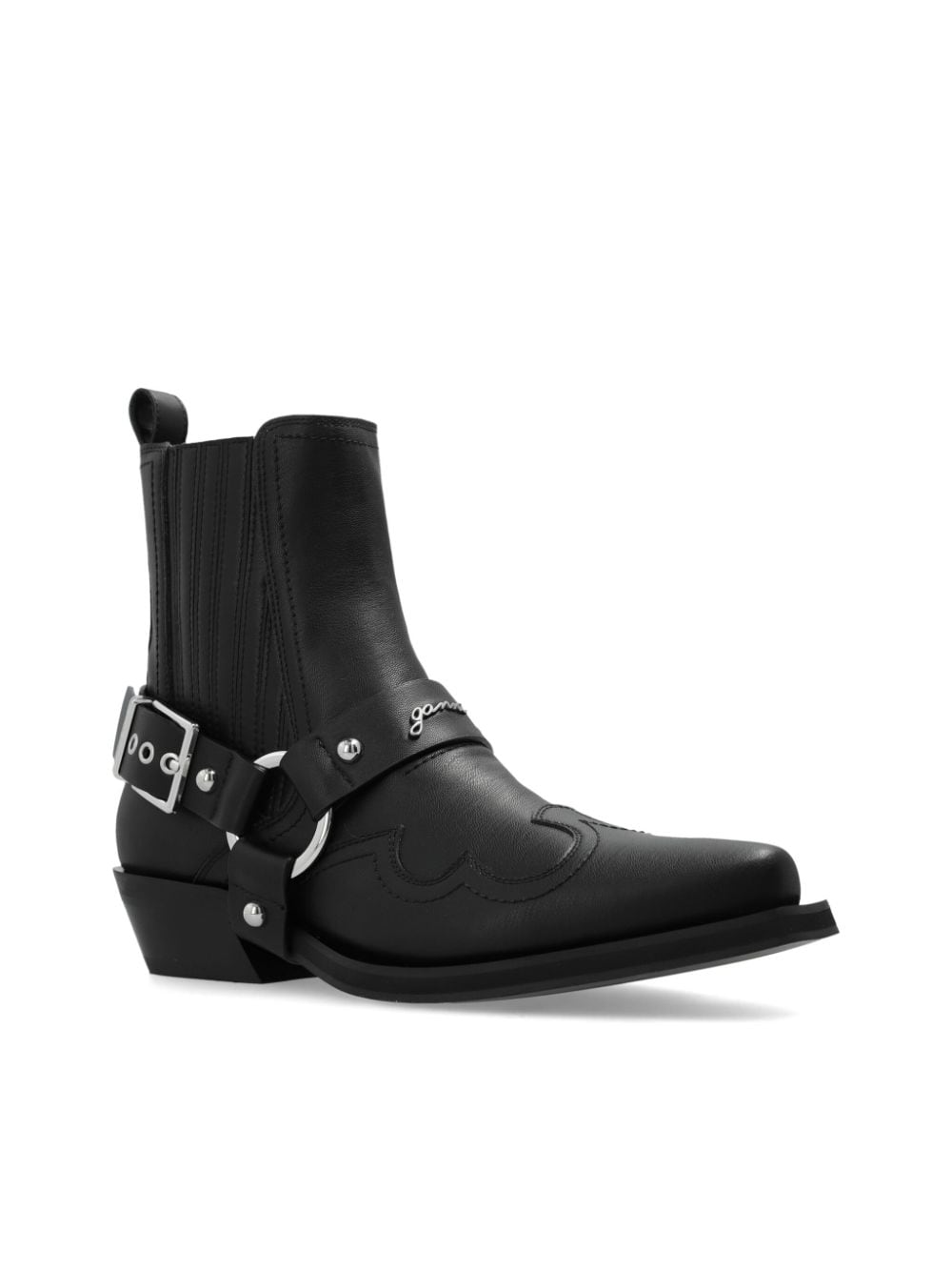 Ganni Western Embroidered Faux Leather Ankle Boots Black