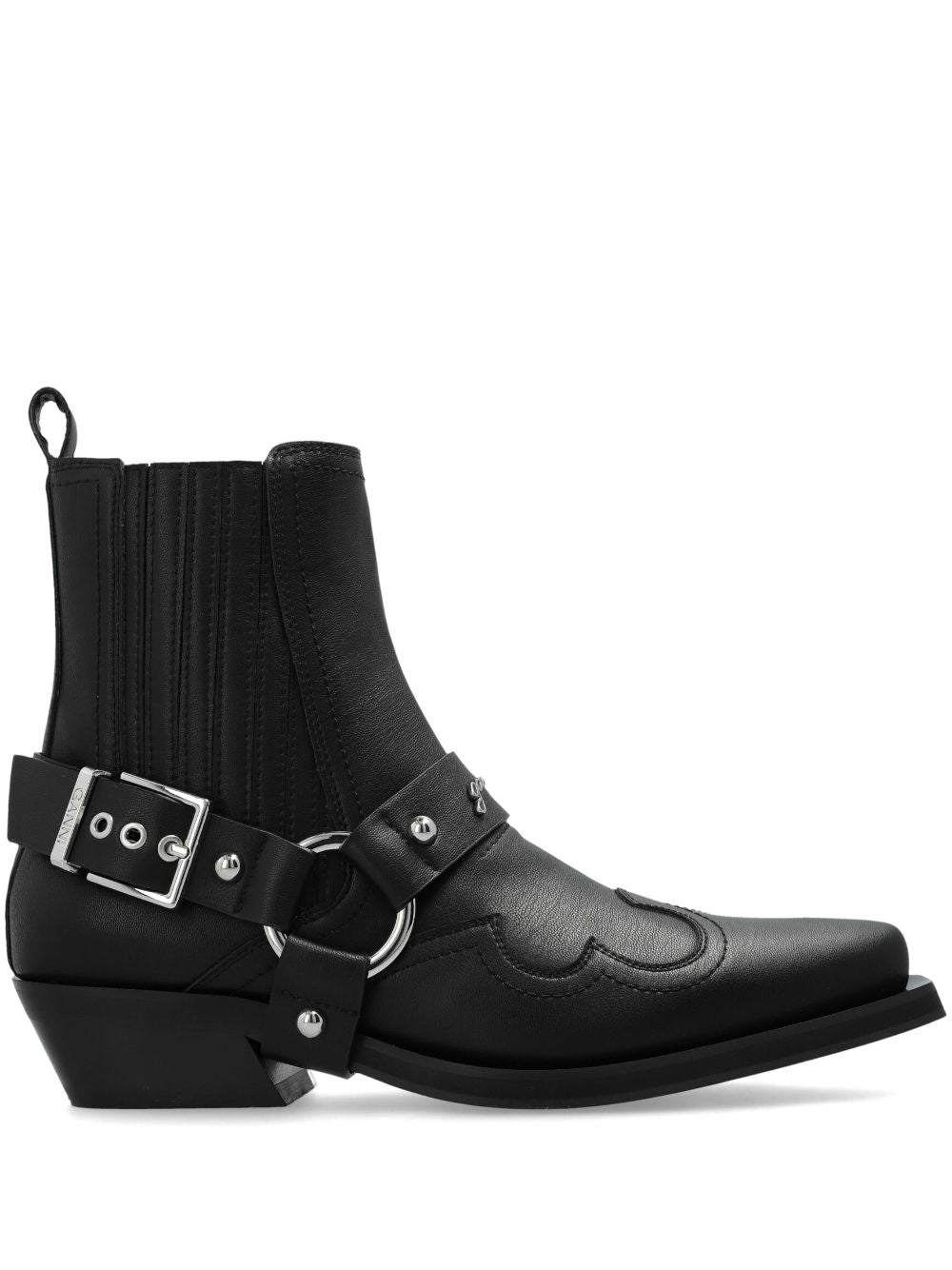Ganni Western Embroidered Faux Leather Ankle Boots Black