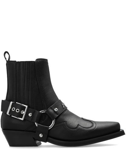 Ganni Western Embroidered Faux Leather Ankle Boots Black