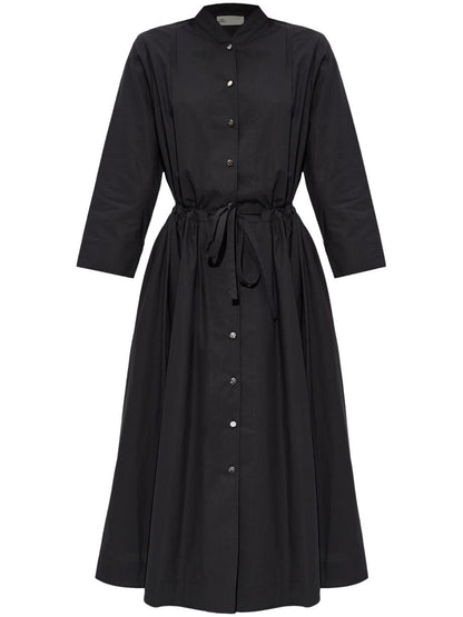 Tory Burch Belted Cotton Shirt Dress with Stand-Up Collar Black