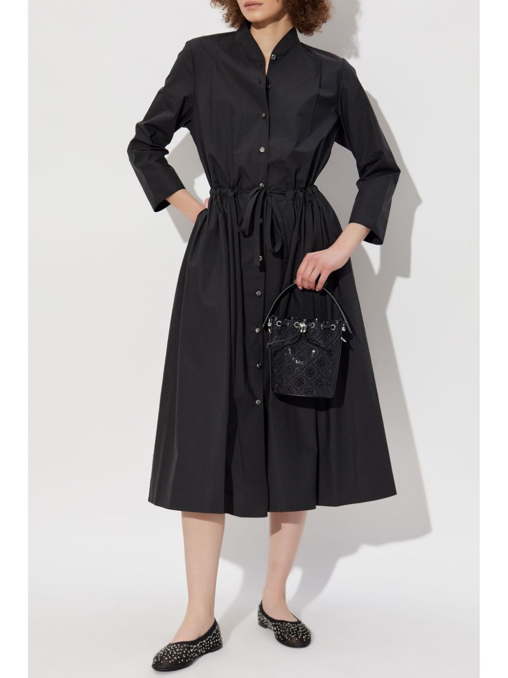Tory Burch Belted Cotton Shirt Dress with Stand-Up Collar Black