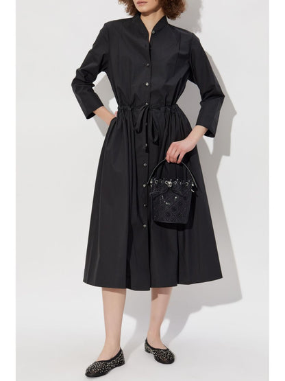 Tory Burch Belted Cotton Shirt Dress with Stand-Up Collar Black