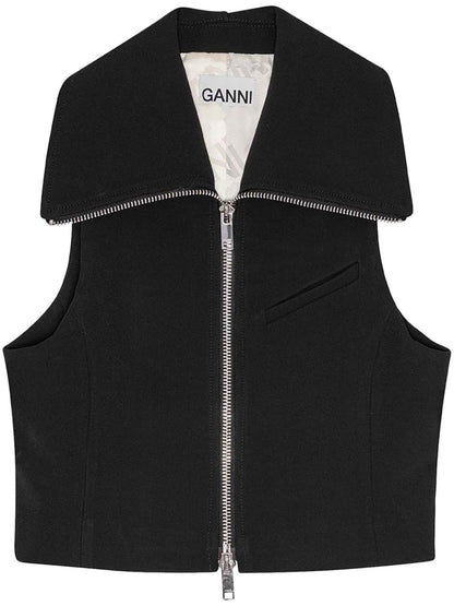 Ganni Sleeveless Crepe Zip Tank Top Black