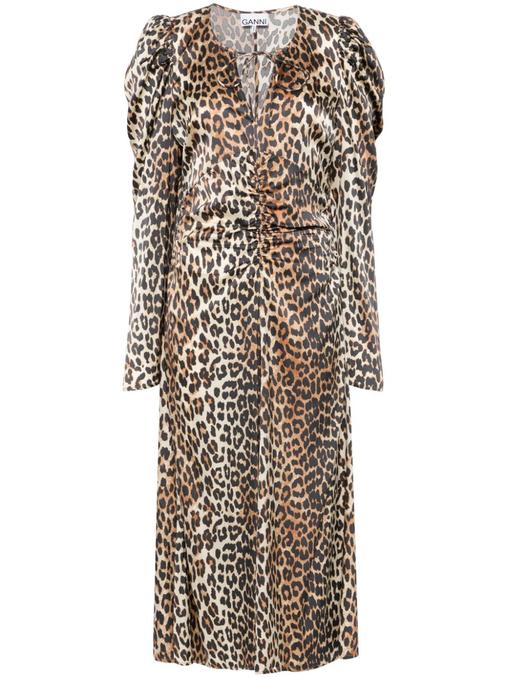 Ganni leopard-print Ruched Midi Dress Brown
