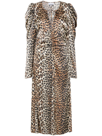 Ganni leopard-print Ruched Midi Dress Brown