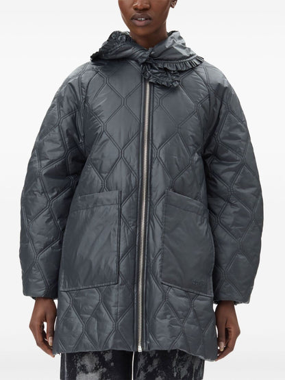 Ganni Shiny Quilted Midi Jacket With Hood Black