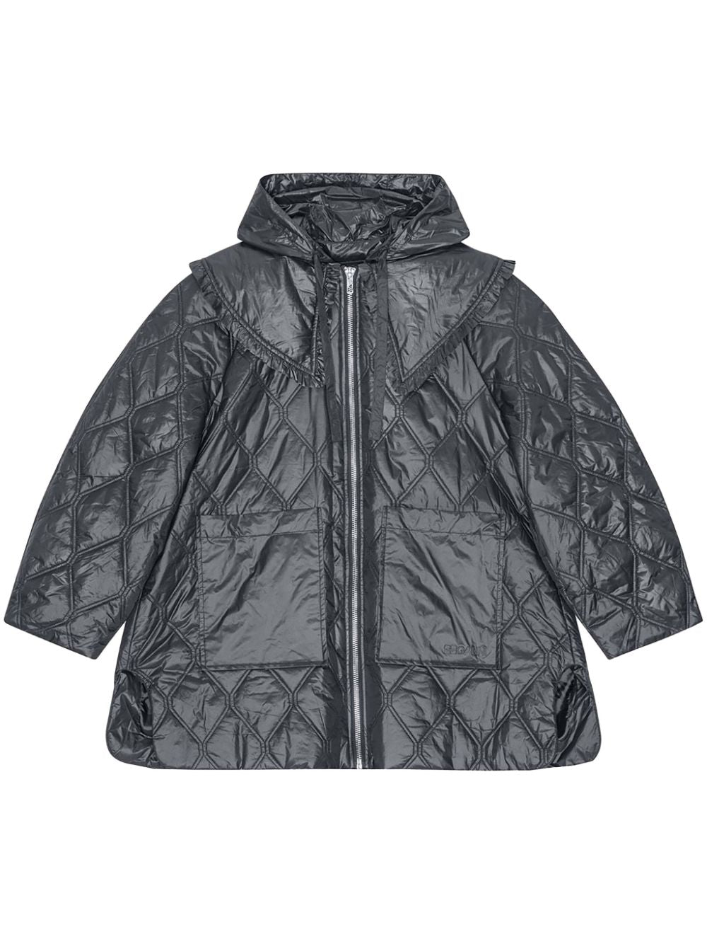 Ganni Shiny Quilted Midi Jacket With Hood Black