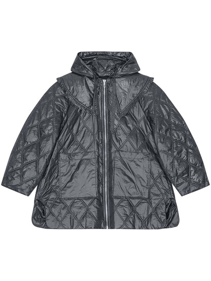 Ganni Shiny Quilted Midi Jacket With Hood Black