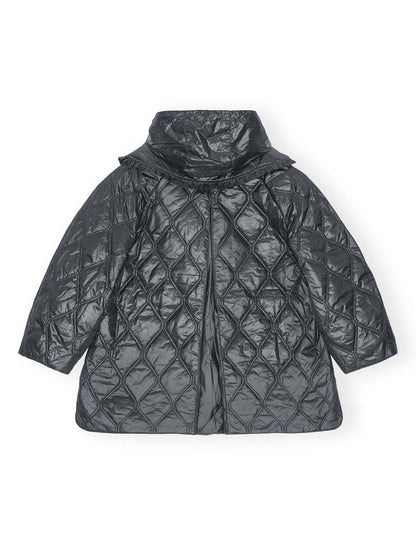 Ganni Shiny Quilted Midi Jacket With Hood Black