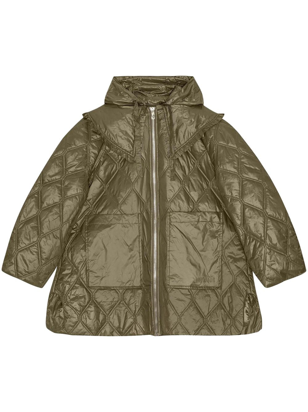 Ganni Shiny Quilted Midi Jacket in Khaki