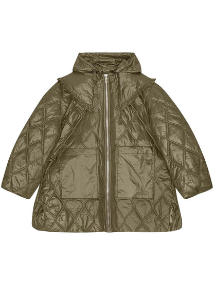 Ganni Shiny Quilted Midi Jacket in Khaki
