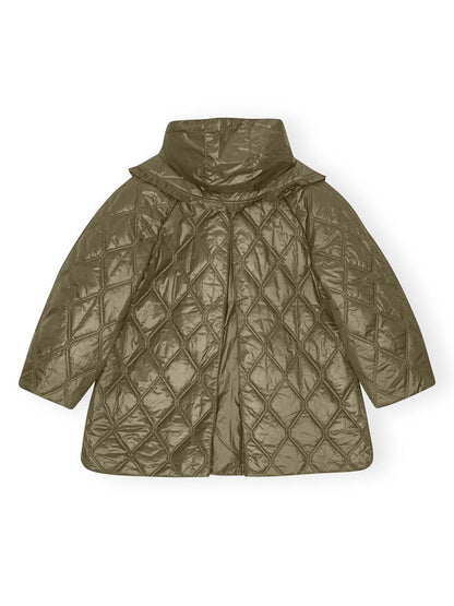 Ganni Shiny Quilted Midi Jacket in Khaki