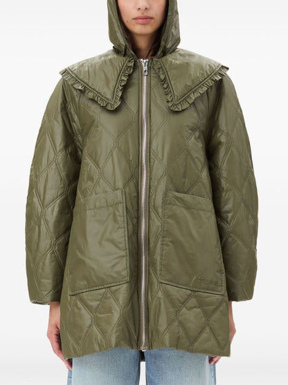 Ganni Shiny Quilted Midi Jacket in Khaki