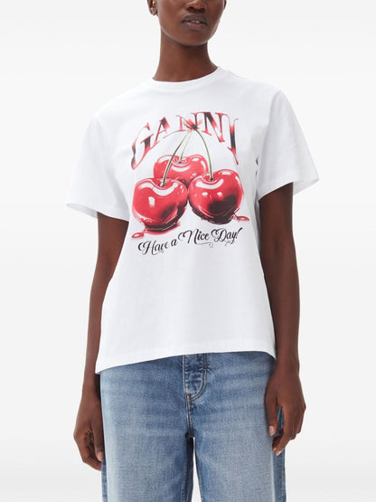 GANNI White Cherry Print T-shirts