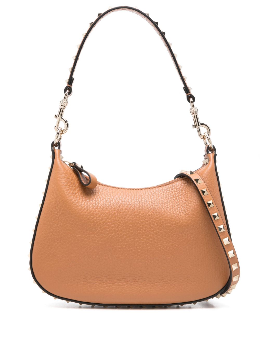 Valentino Garavani Rockstud Small Pebbled Calfskin Hobo Bag in Leather Brown