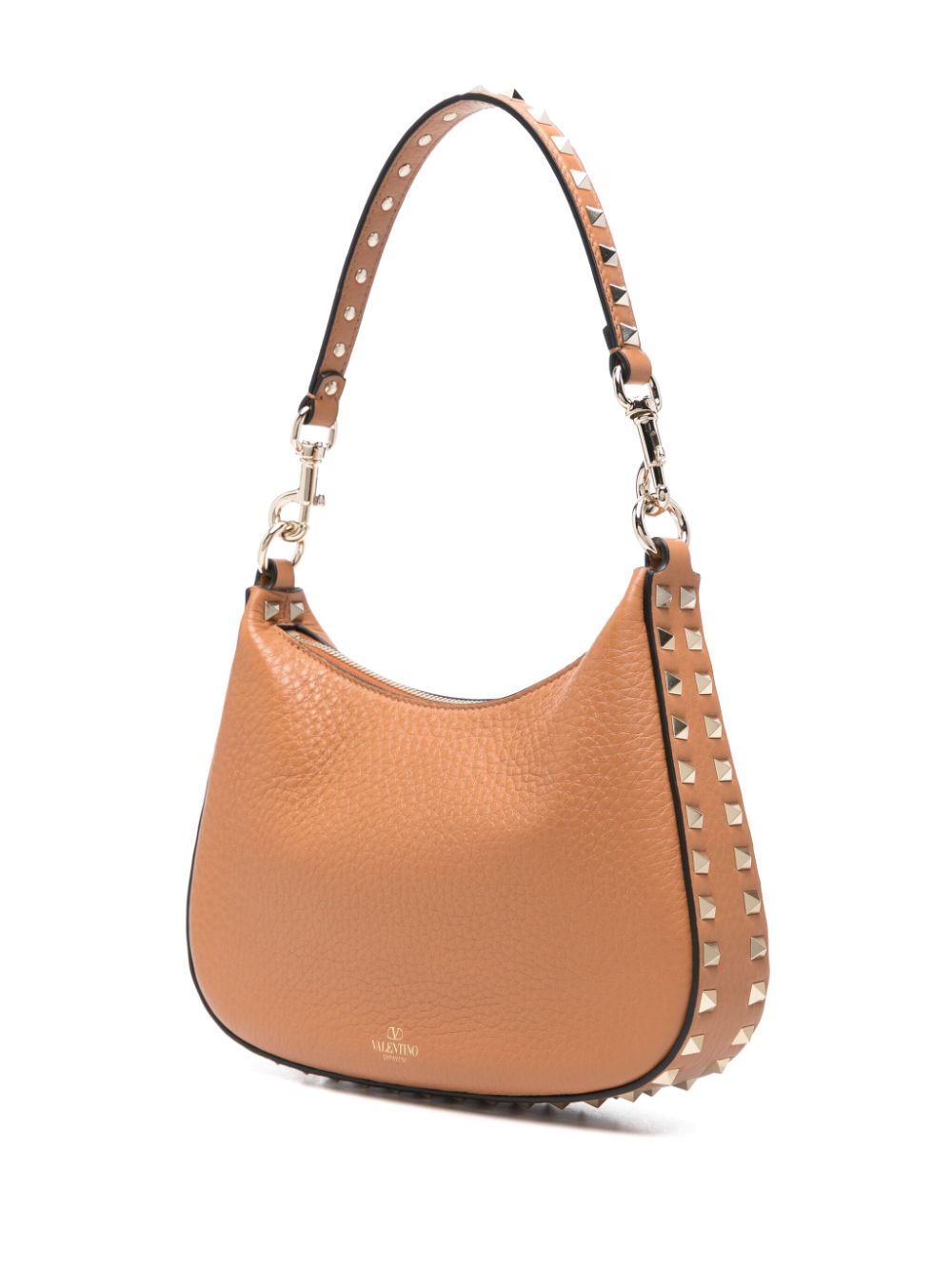 Valentino Garavani Rockstud Small Pebbled Calfskin Hobo Bag in Leather Brown