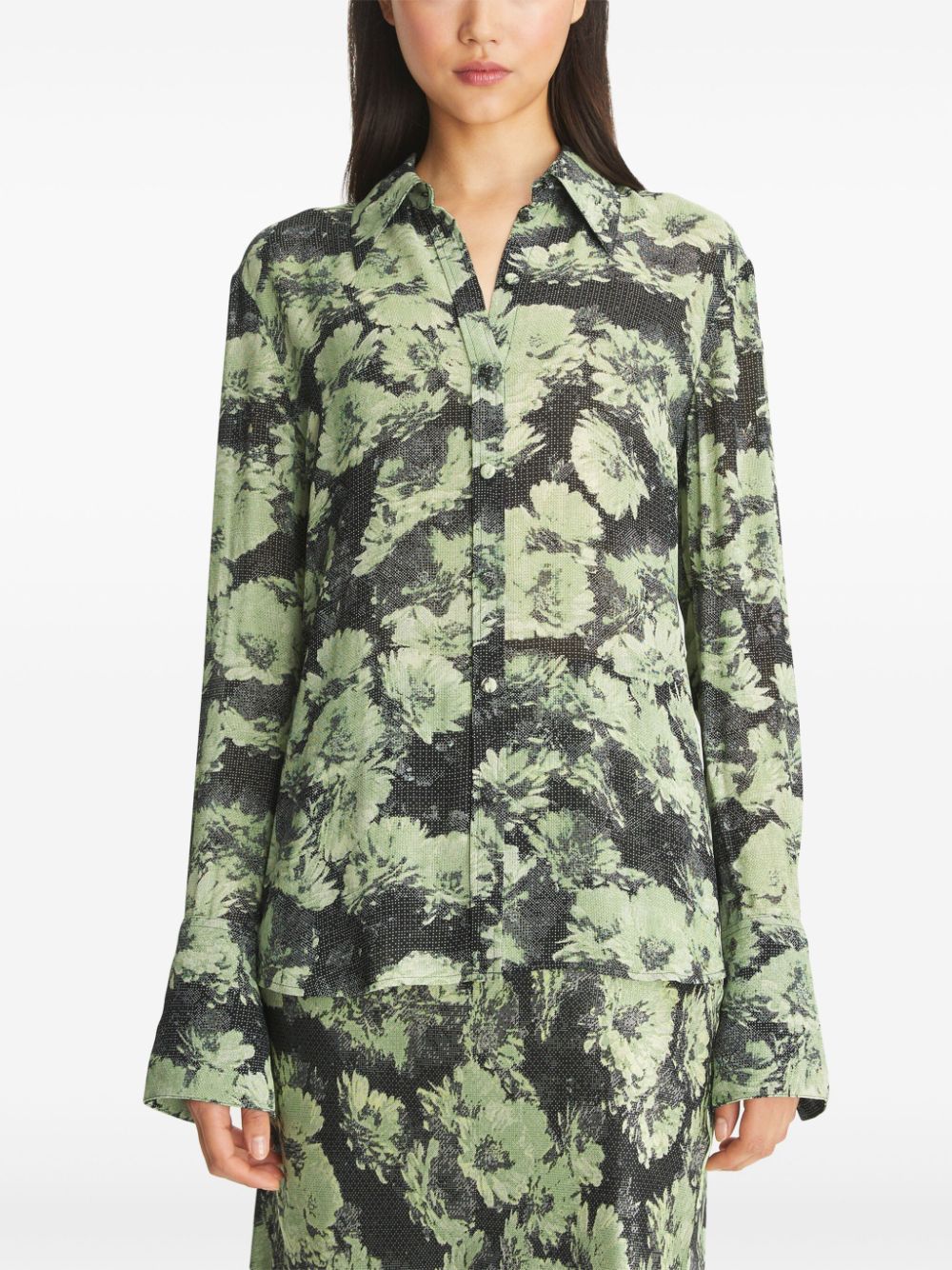 Tory Burch Light Green Printed Viscose Shirt with Split Cuffs Green