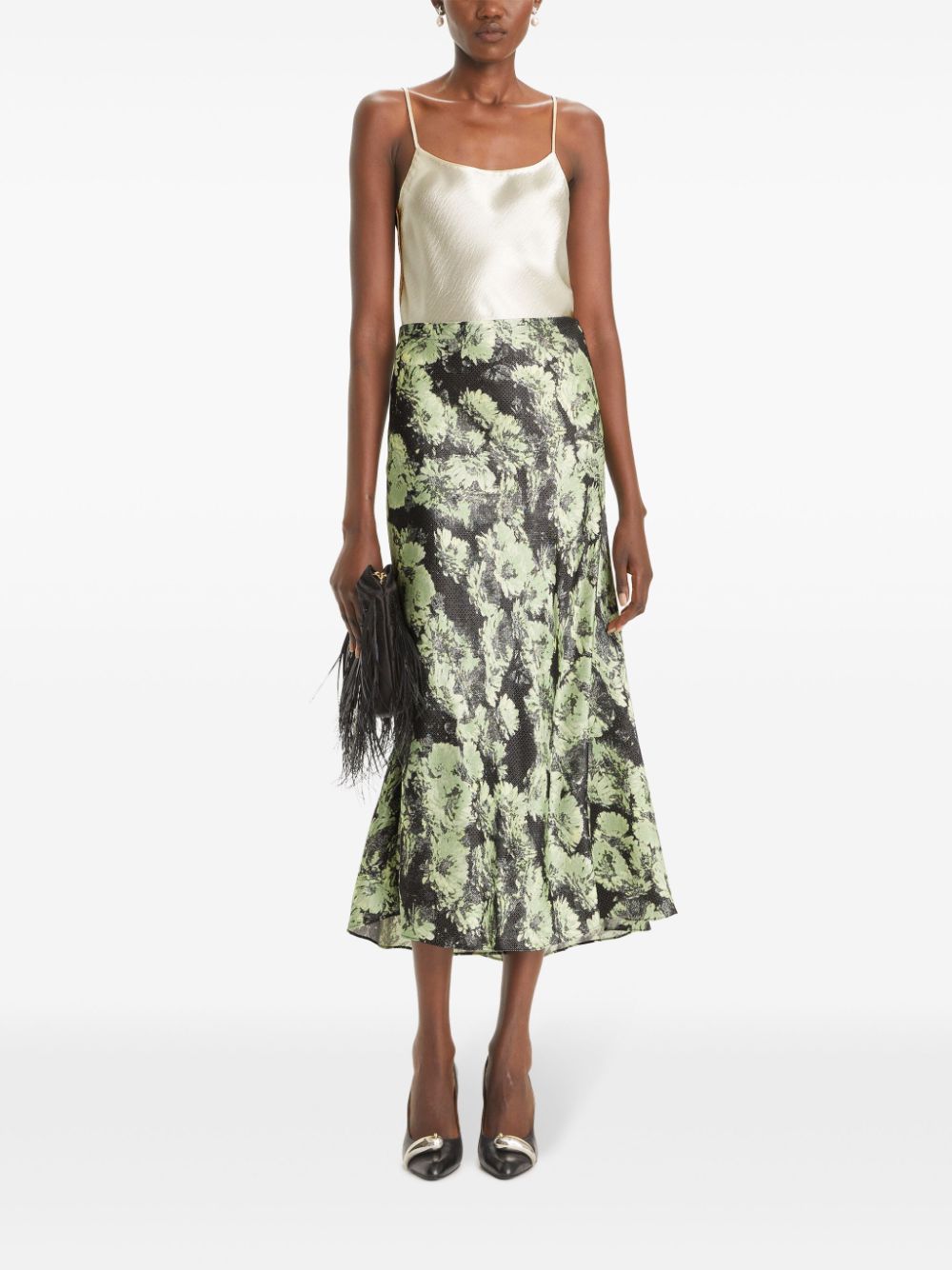 Tory Burch Pastel Green Printed Fluted Maxi Skirt Green