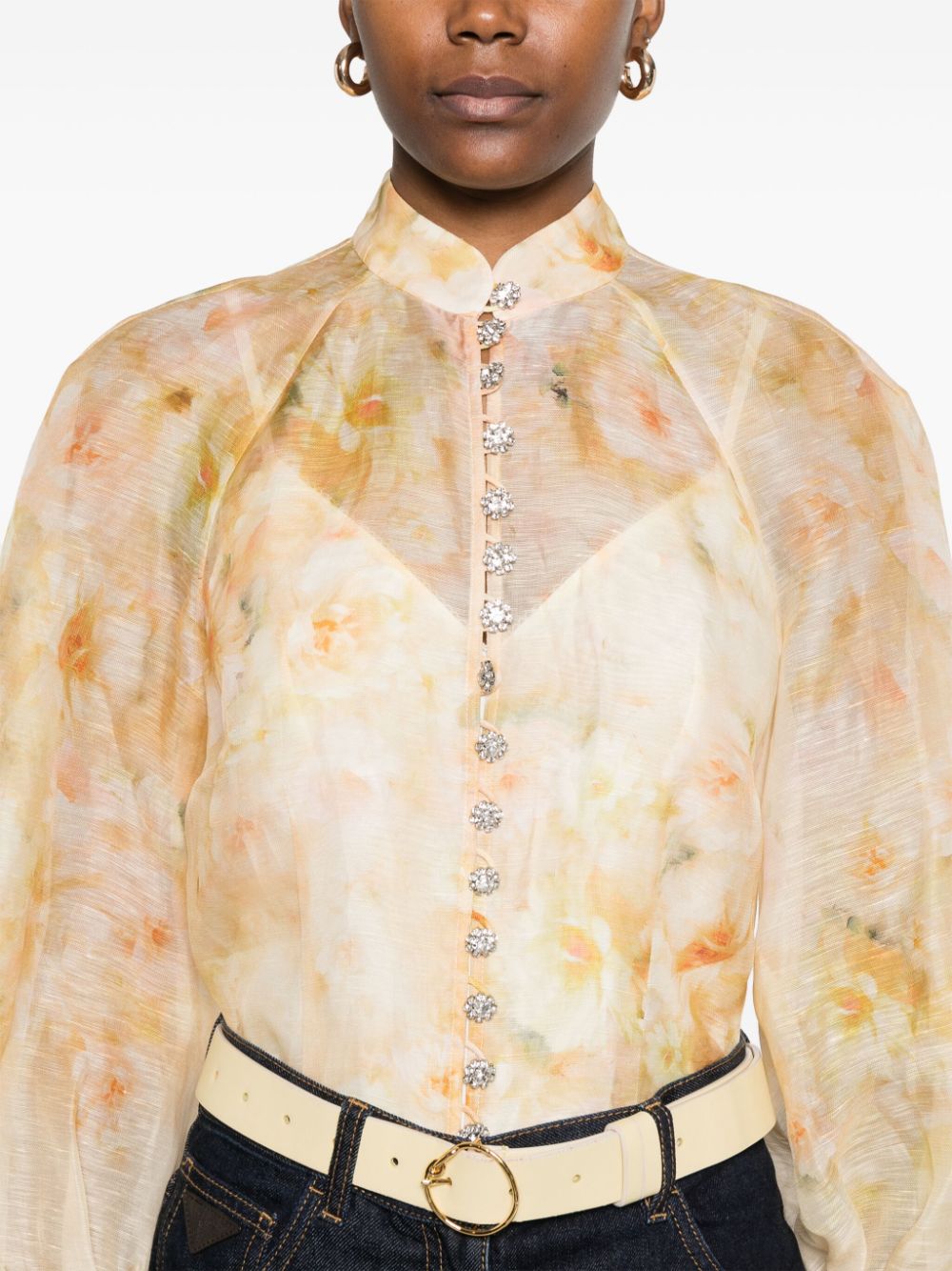 Zimmermann Crush Semi-Sheer Floral Linen-Silk Shirt Light Yellow