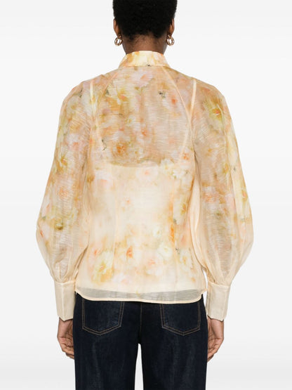 Zimmermann Crush Semi-Sheer Floral Linen-Silk Shirt Light Yellow