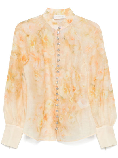 Zimmermann Crush Semi-Sheer Floral Linen-Silk Shirt Light Yellow