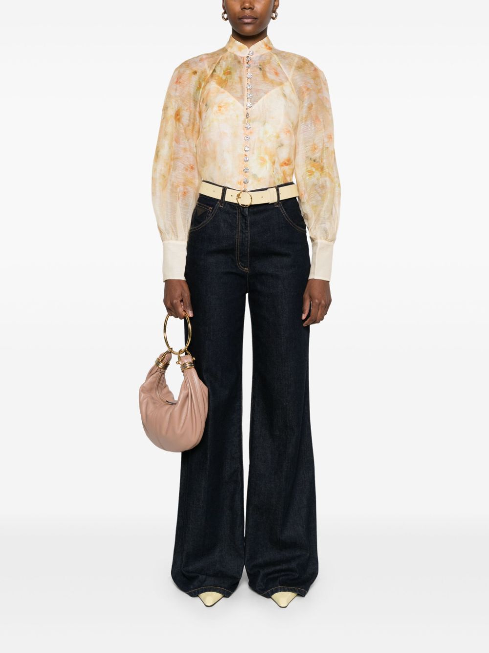 Zimmermann Crush Semi-Sheer Floral Linen-Silk Shirt Light Yellow