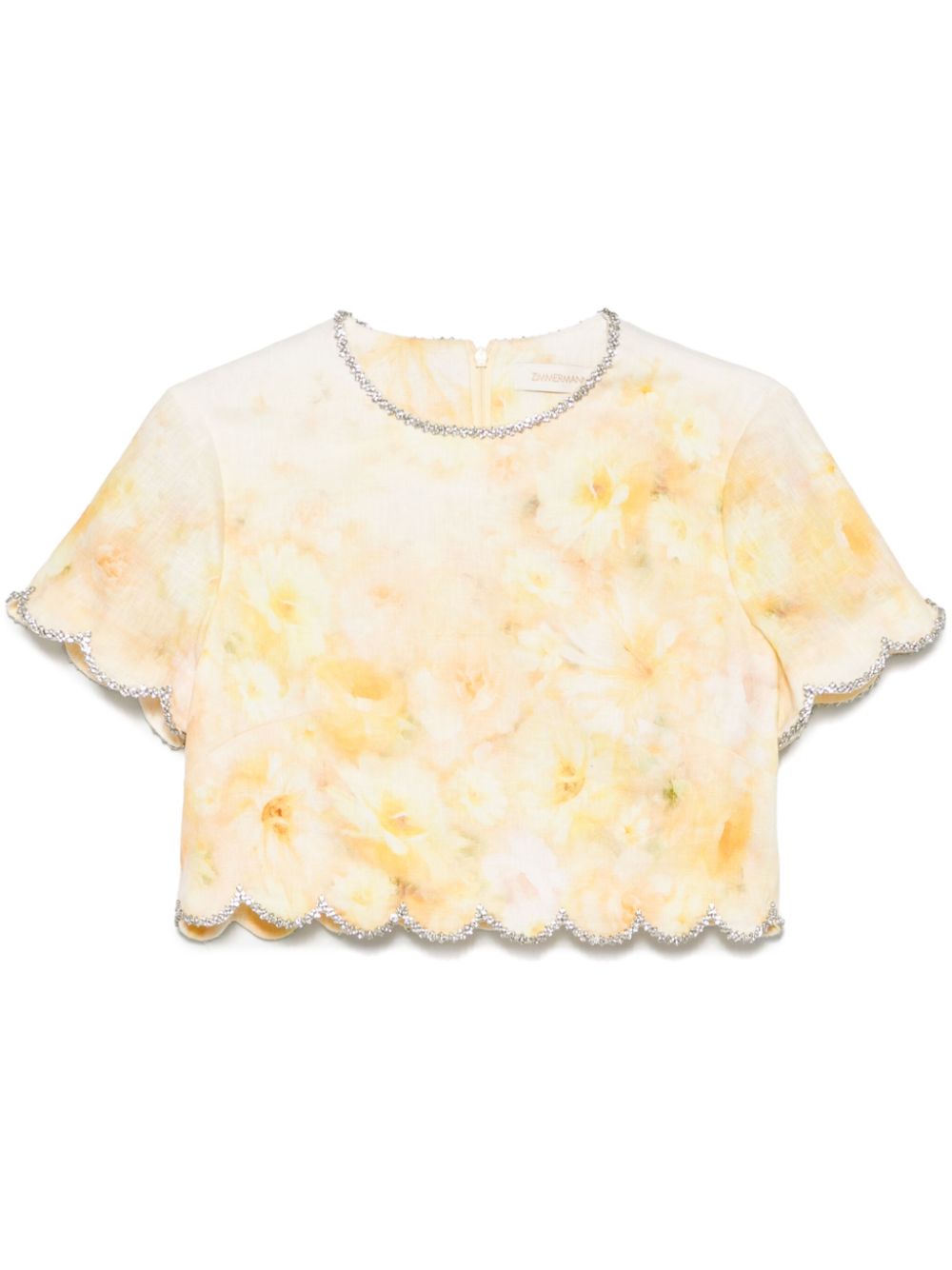 Zimmermann Crush Embellished Floral-Print Linen Cropped Top Yellow