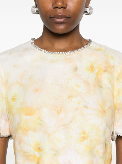 Zimmermann Crush Embellished Floral-Print Linen Cropped Top Yellow