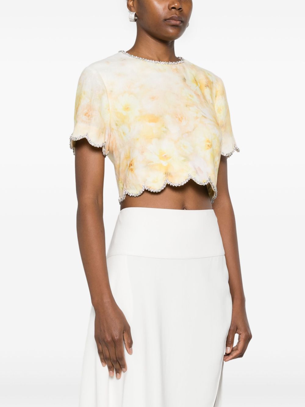 Zimmermann Crush Embellished Floral-Print Linen Cropped Top Yellow