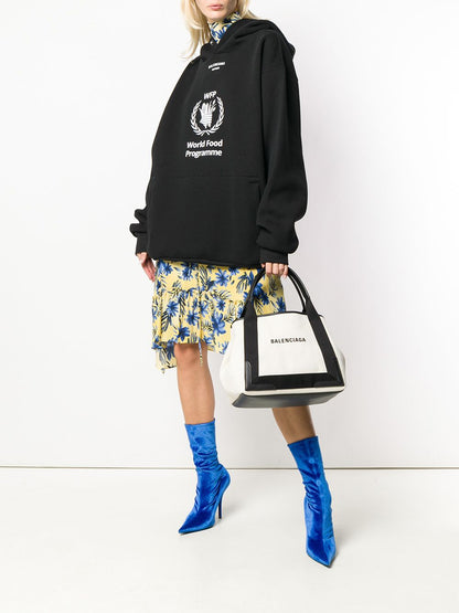 Balenciaga Small Navy Cabas Canvas Tote Bag White