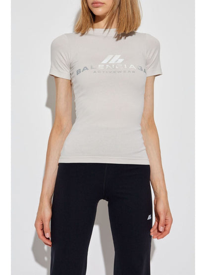 Balenciaga Logo-Print Fitted Cotton-Blend T-Shirt White