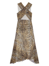 Ganni Leopard Print Marl Mesh Ruched Asymmetric Midi Dress Brown