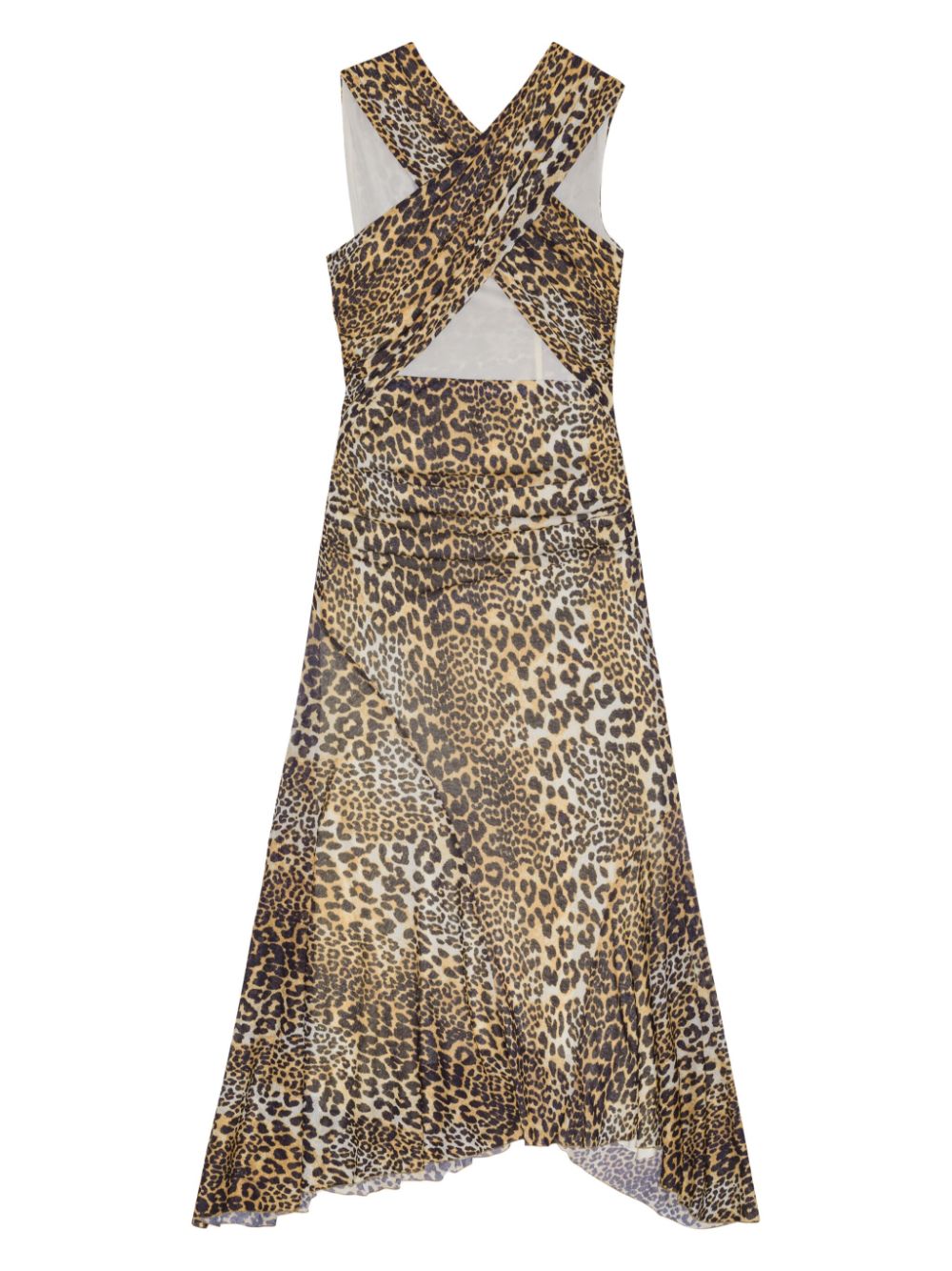 Ganni Leopard Print Marl Mesh Ruched Asymmetric Midi Dress Brown