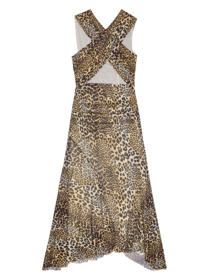 Ganni Leopard Print Marl Mesh Ruched Asymmetric Midi Dress Brown